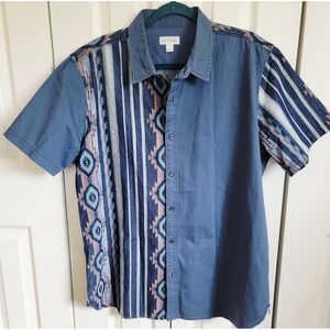 Sun & Stone XL Men Aztec Print Shirt Short Slv Button Up Casual XL Denim Look